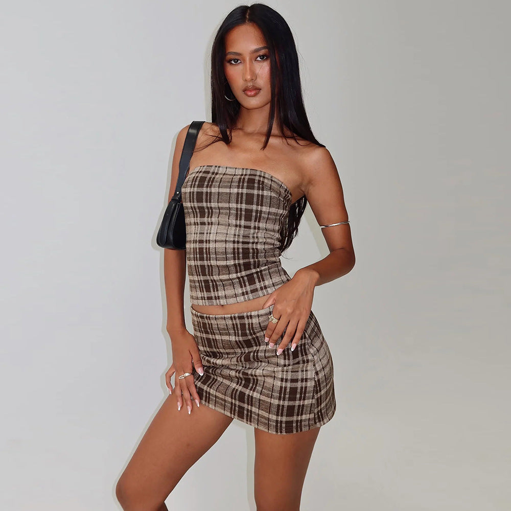 Strapless Plaid Two-Piece Co-Ord Set